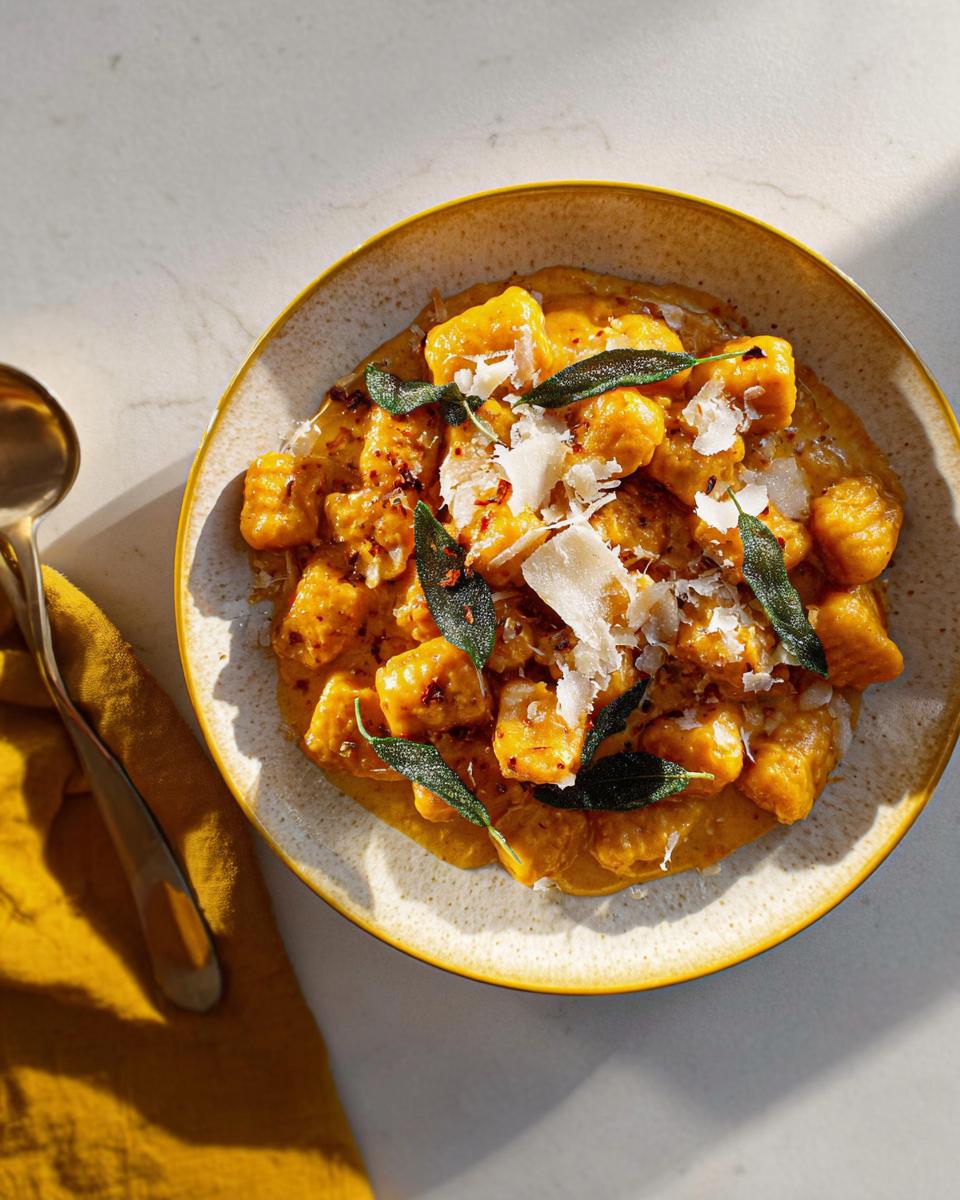 A bowl of creamy pumpkin gnocchi pasta topped with shaved parmesan and fried sage leaves.