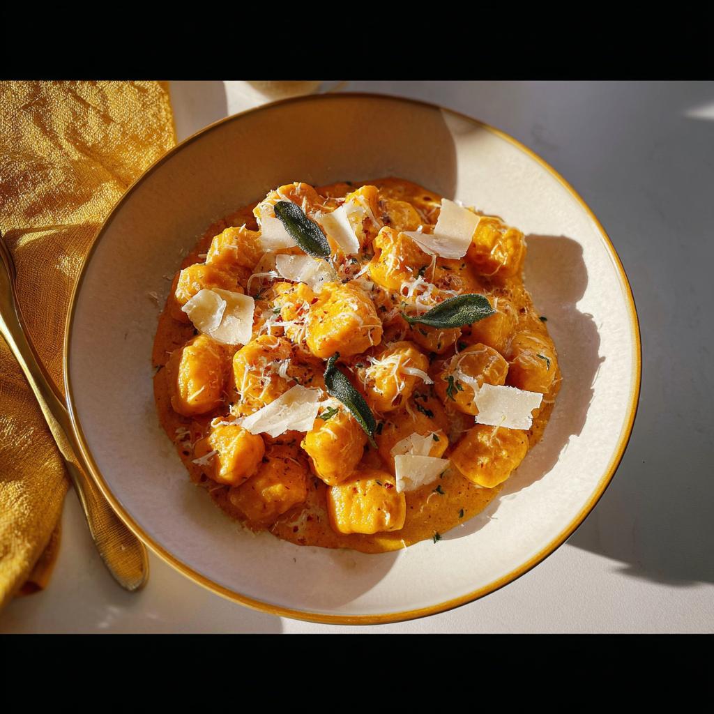 A bowl of orange-colored gnocchi pasta in a creamy sauce, topped with shaved parmesan and fresh sage leaves.