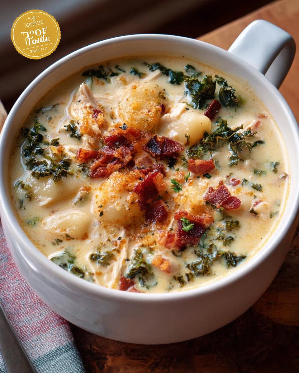 A hearty bowl of creamy chicken and gnocchi soup topped with crispy bacon and kale, featured in The Only Soup Recipes Recipe You’ll Need (2025).