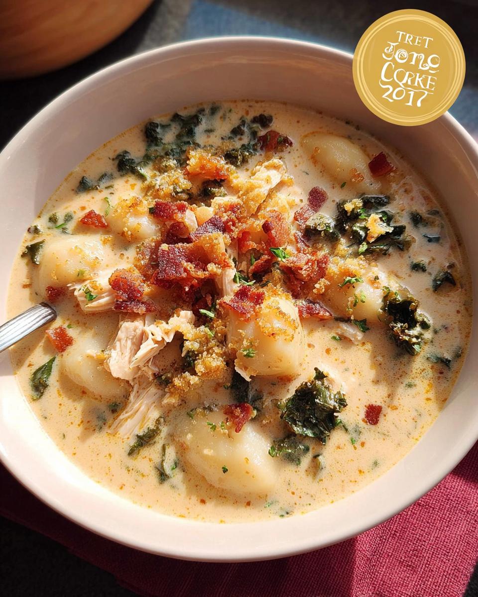 A close-up of a creamy soup recipe featuring gnocchi, shredded chicken, kale, and topped with crispy bacon bits.