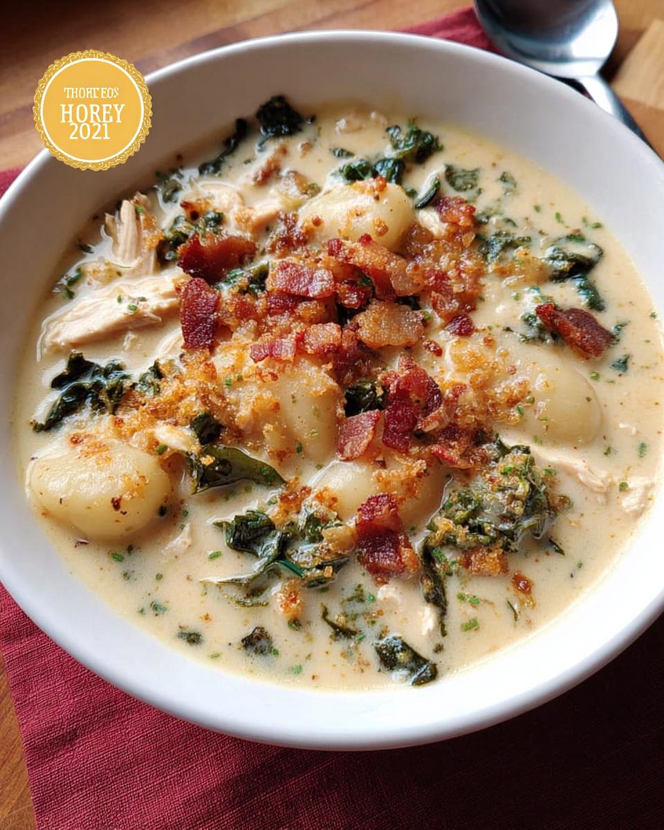 A bowl of creamy chicken and gnocchi soup topped with bacon bits and breadcrumbs, featured in The Only Soup Recipes Recipe You’ll Need.