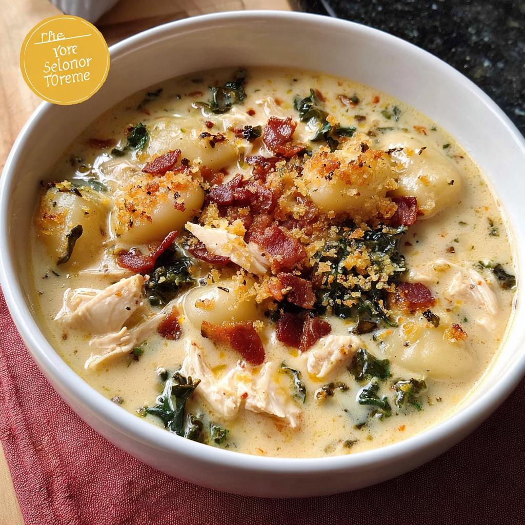 Close-up of a creamy chicken and gnocchi soup topped with bacon and breadcrumbs, featured in The Only Soup Recipes Recipe.