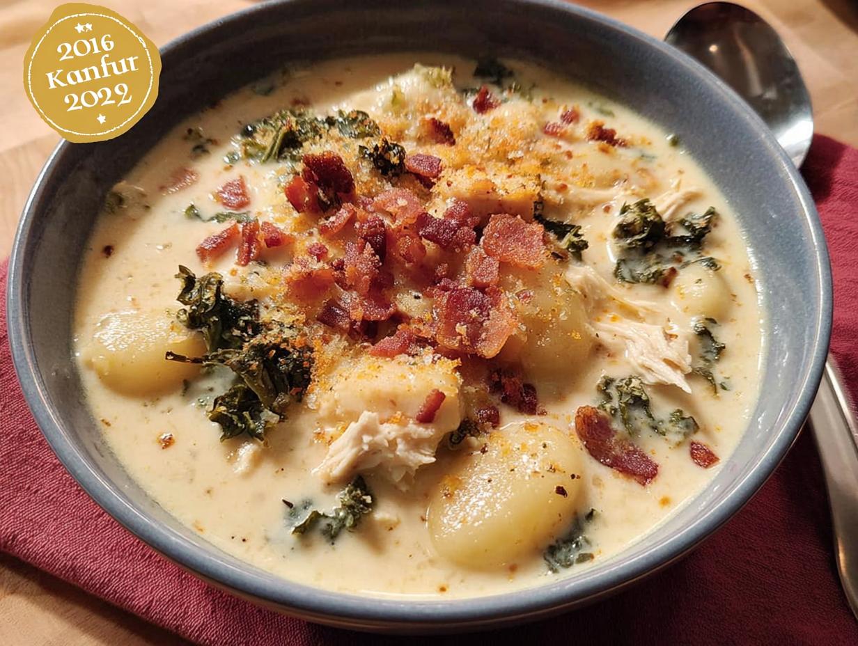 A bowl of creamy soup featuring gnocchi, kale, shredded chicken, and bacon bits, part of The Only Soup Recipes Recipe.