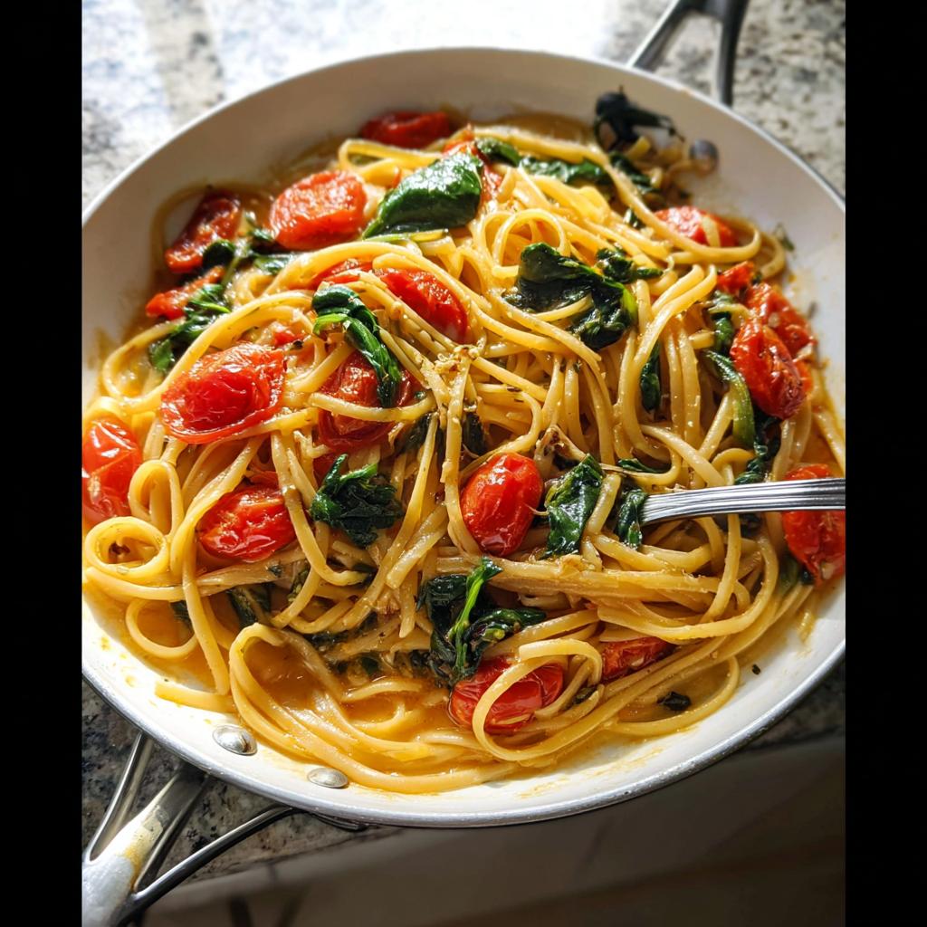 A skillet filled with creamy linguine pasta tossed with roasted cherry tomatoes and fresh spinach, perfect for Easy Dinner Recipes Meal Prep.