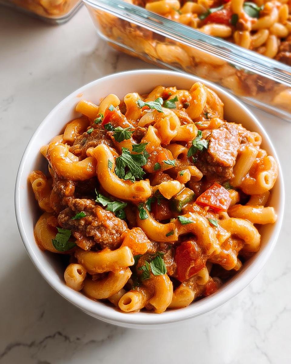 A bowl of creamy macaroni with meat sauce, perfect for Pasta Recipes Meal Prep, garnished with parsley.
