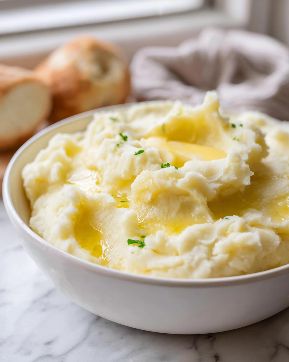 Close-up of creamy mashed potatoes recipes in 20 minutes, topped with melting butter and parsley in a white bowl.