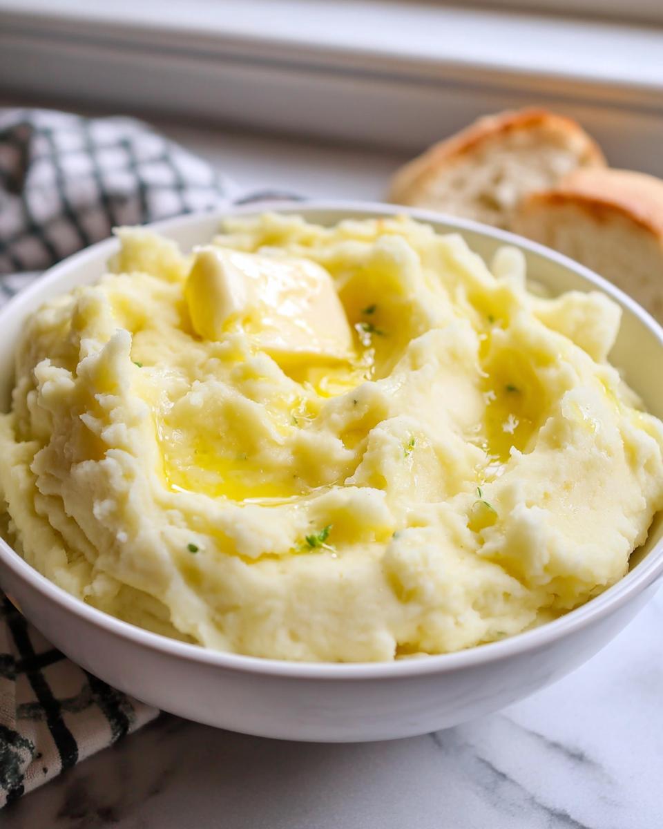 A bowl of fluffy, creamy mashed potatoes recipes in 20 minutes topped with melting butter and herbs.