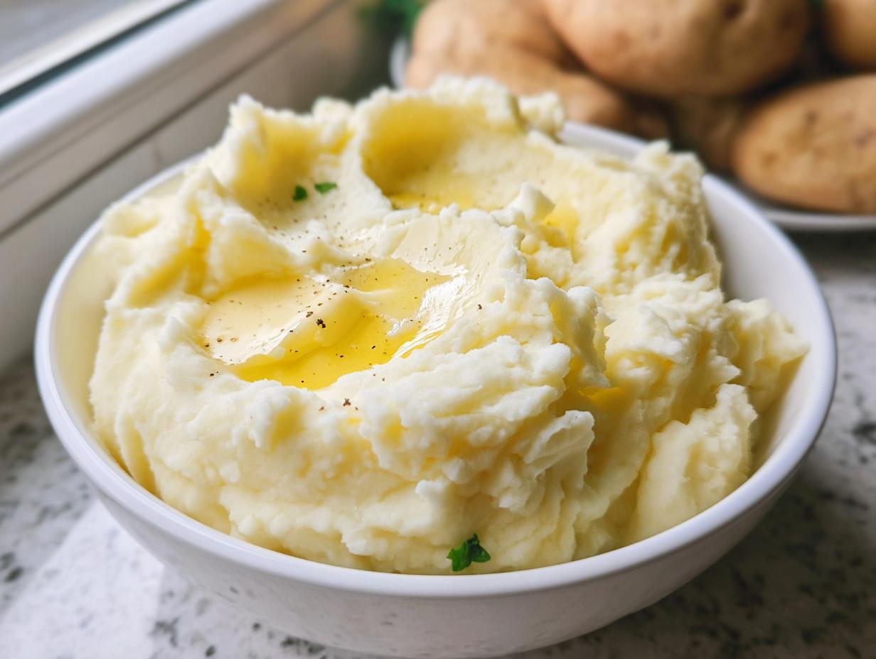 A close-up of creamy, fluffy mashed potatoes topped with melted butter and cracked black pepper.