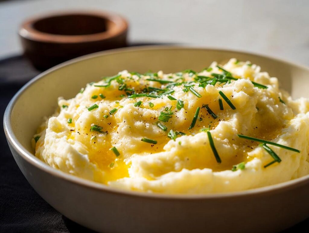 A close-up of creamy mashed potatoes topped with melted butter and fresh chives, perfect for beginners.