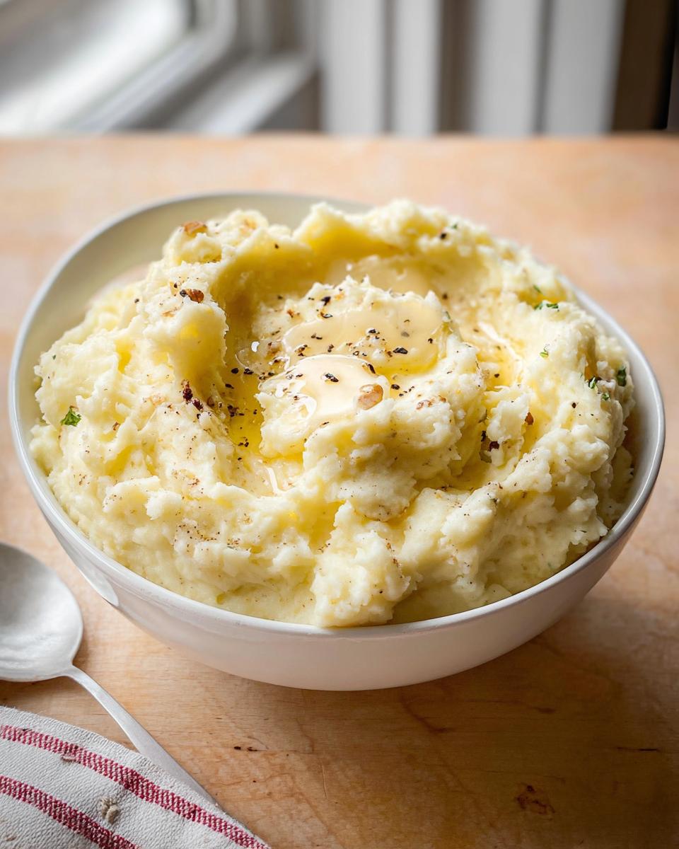 A white bowl filled with creamy mashed potatoes recipes topped with melting butter and black pepper.