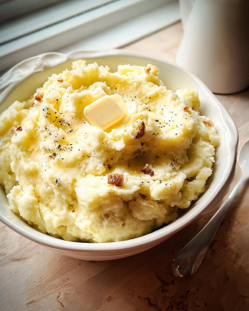A bowl of creamy mashed potatoes recipes topped with melting butter, black pepper, and crispy bacon pieces.