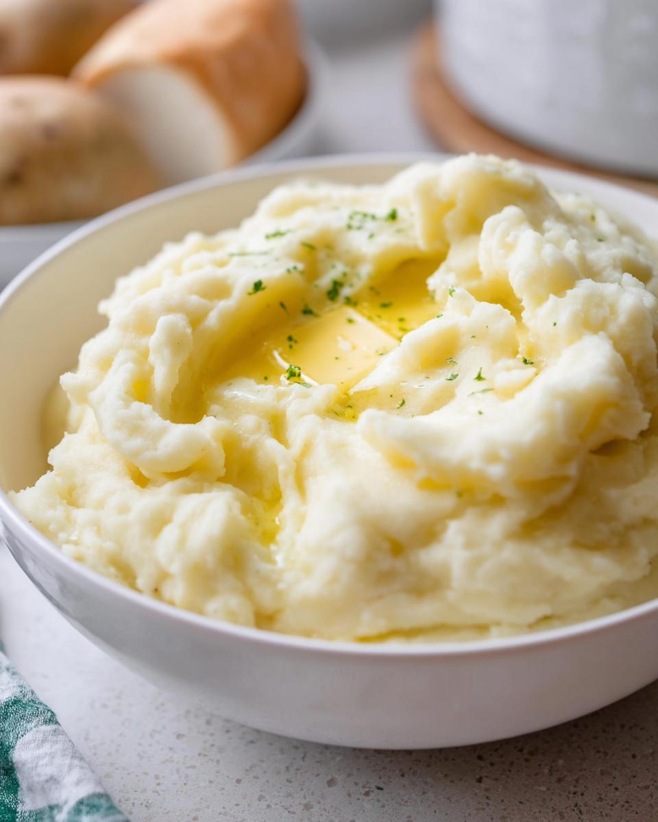 Close-up of creamy mashed potatoes recipes in 20 minutes, topped with melting butter and parsley.