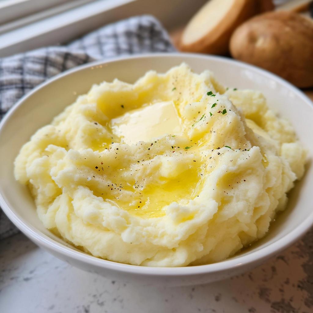 A close-up of creamy mashed potatoes recipes in 20 minutes, topped with melting butter and cracked black pepper.