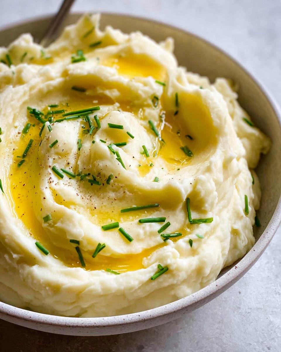 Close-up of creamy mashed potatoes topped with melted butter and fresh chopped chives, perfect for 12-Ingredient Mashed Potatoes Recipes.
