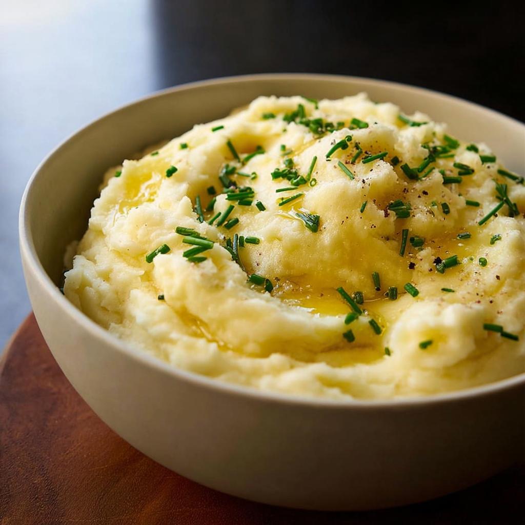 A close-up of creamy, fluffy mashed potatoes topped with melted butter and fresh chives.