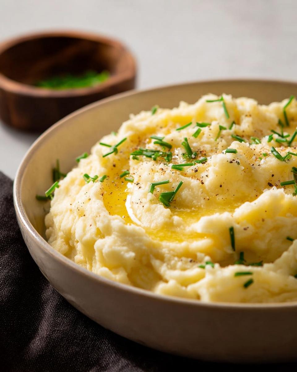 Close-up of creamy mashed potatoes topped with melted butter and fresh chives.