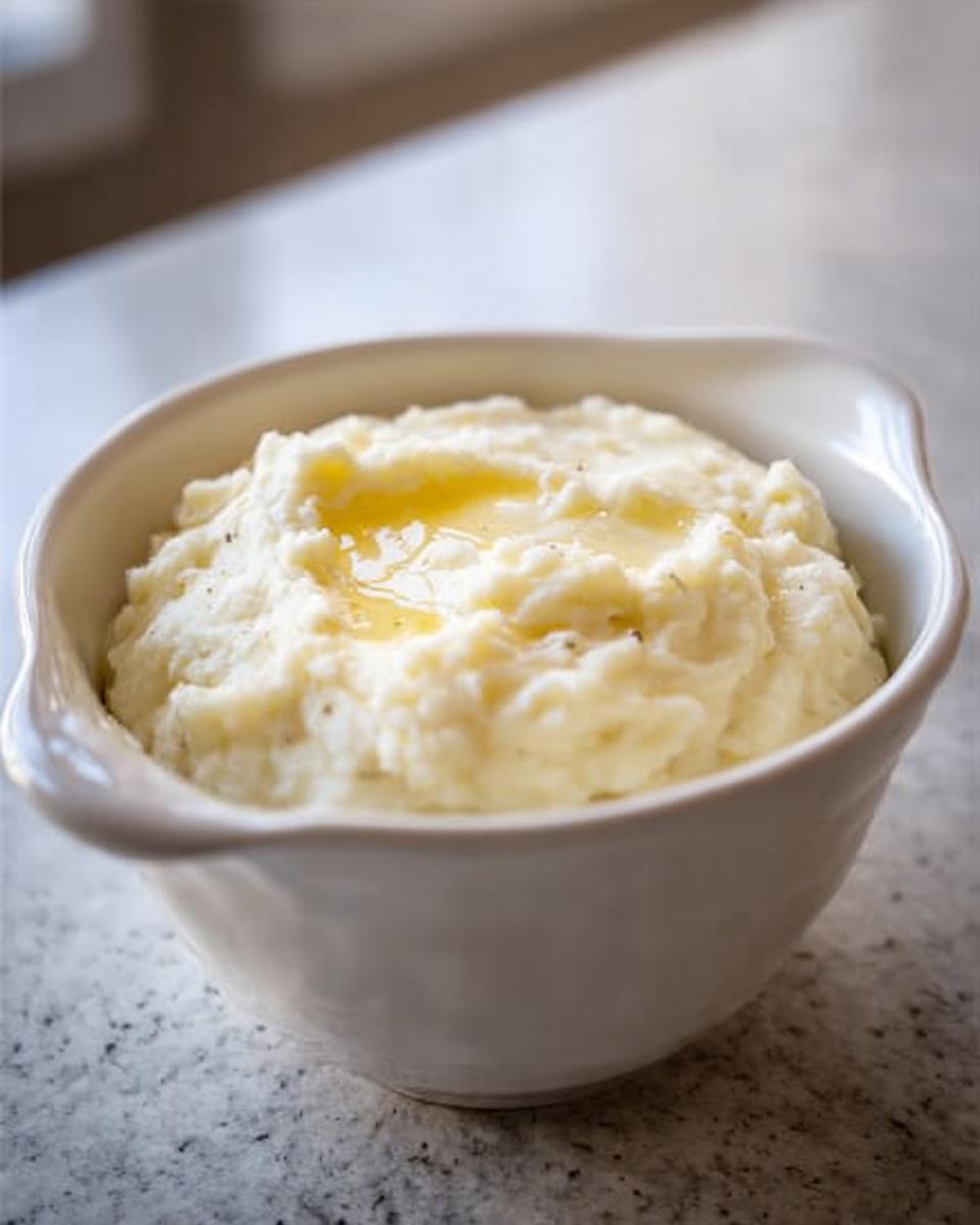 A close-up of creamy mashed potatoes recipes meal prep topped with melted butter in a white bowl.