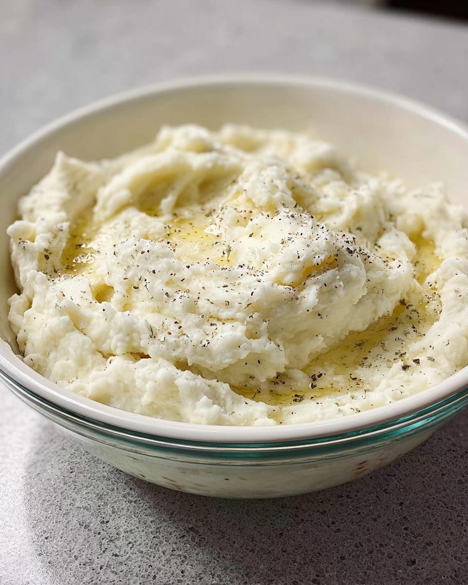 A close-up of creamy mashed potatoes recipes topped with melted butter and cracked black pepper.