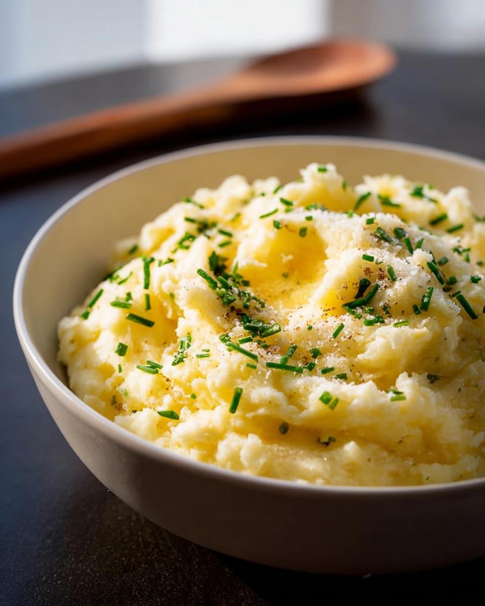 A close-up of creamy mashed potatoes topped with melted butter, pepper, and fresh chives in a white bowl.