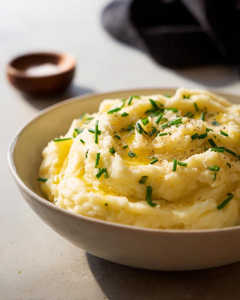 A close-up of creamy mashed potatoes topped with melted butter, black pepper, and fresh chives.