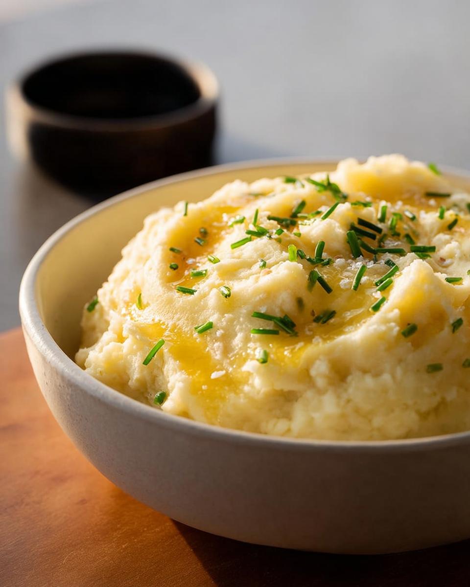A bowl of creamy mashed potatoes recipes for beginners, topped with melted butter and fresh chives.