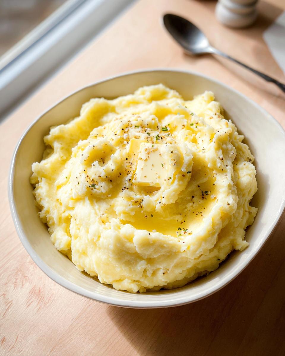 A bowl of creamy mashed potatoes recipes topped with a melting pat of butter and cracked black pepper.
