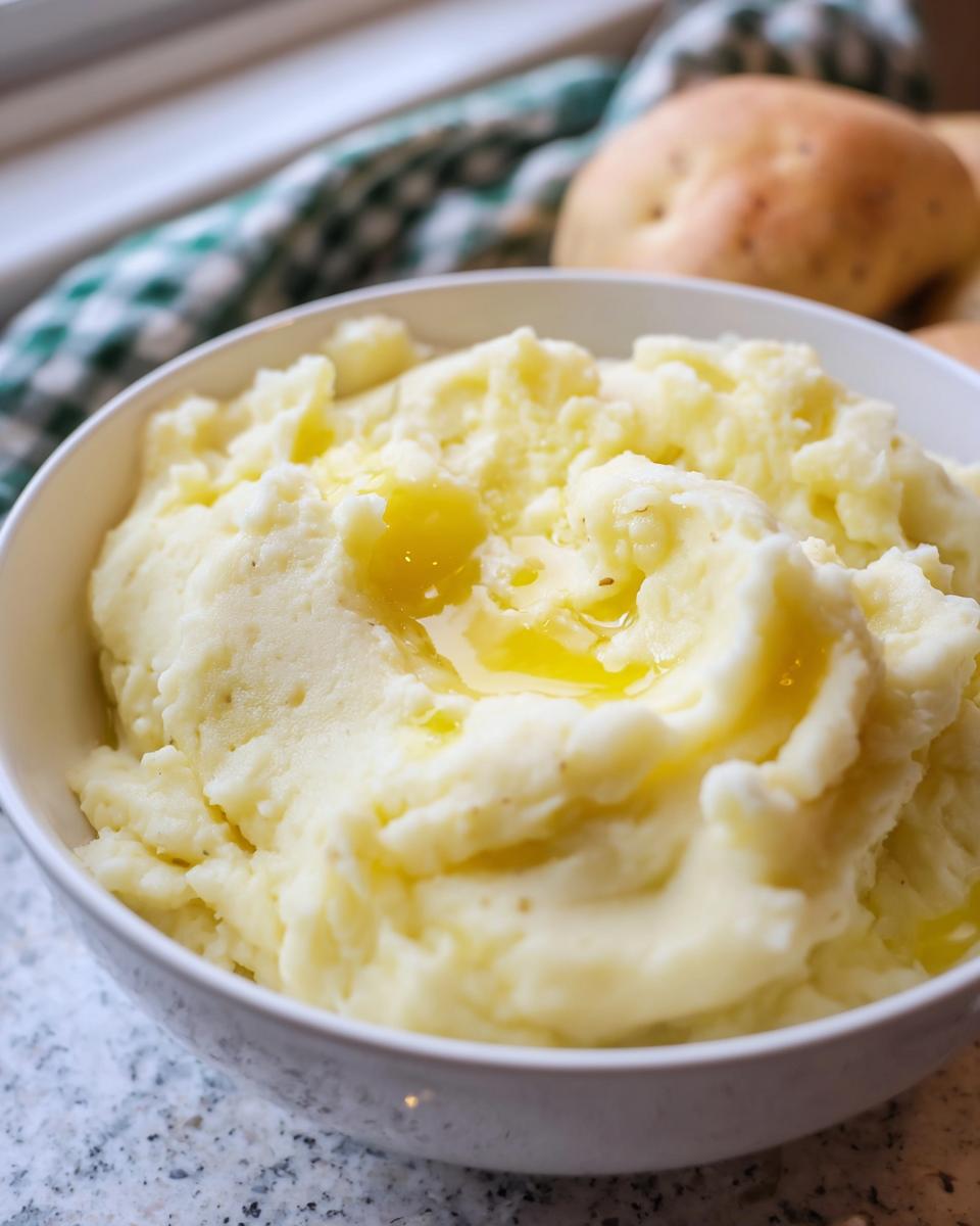 Close-up of creamy mashed potatoes topped with melted butter in a white bowl, perfect for quick Mashed Potatoes Recipes in 20 Minutes.