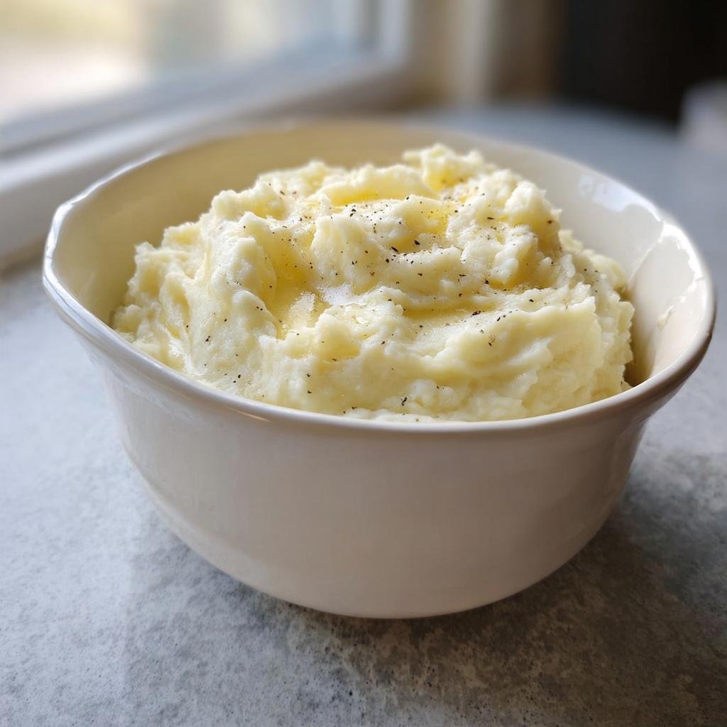 A white bowl filled with fluffy, creamy mashed potatoes topped with melted butter and black pepper.