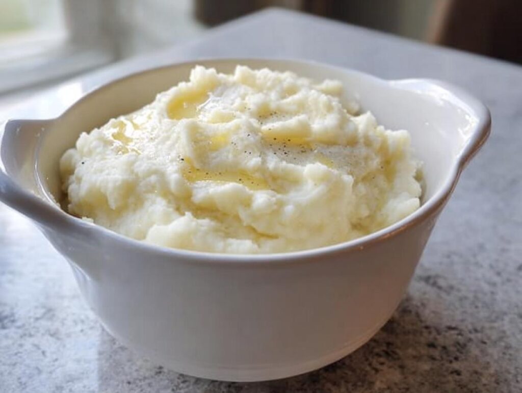 A white bowl filled with creamy, fluffy mashed potatoes topped with melted butter and pepper, perfect for Mashed Potatoes Recipes Meal Prep.