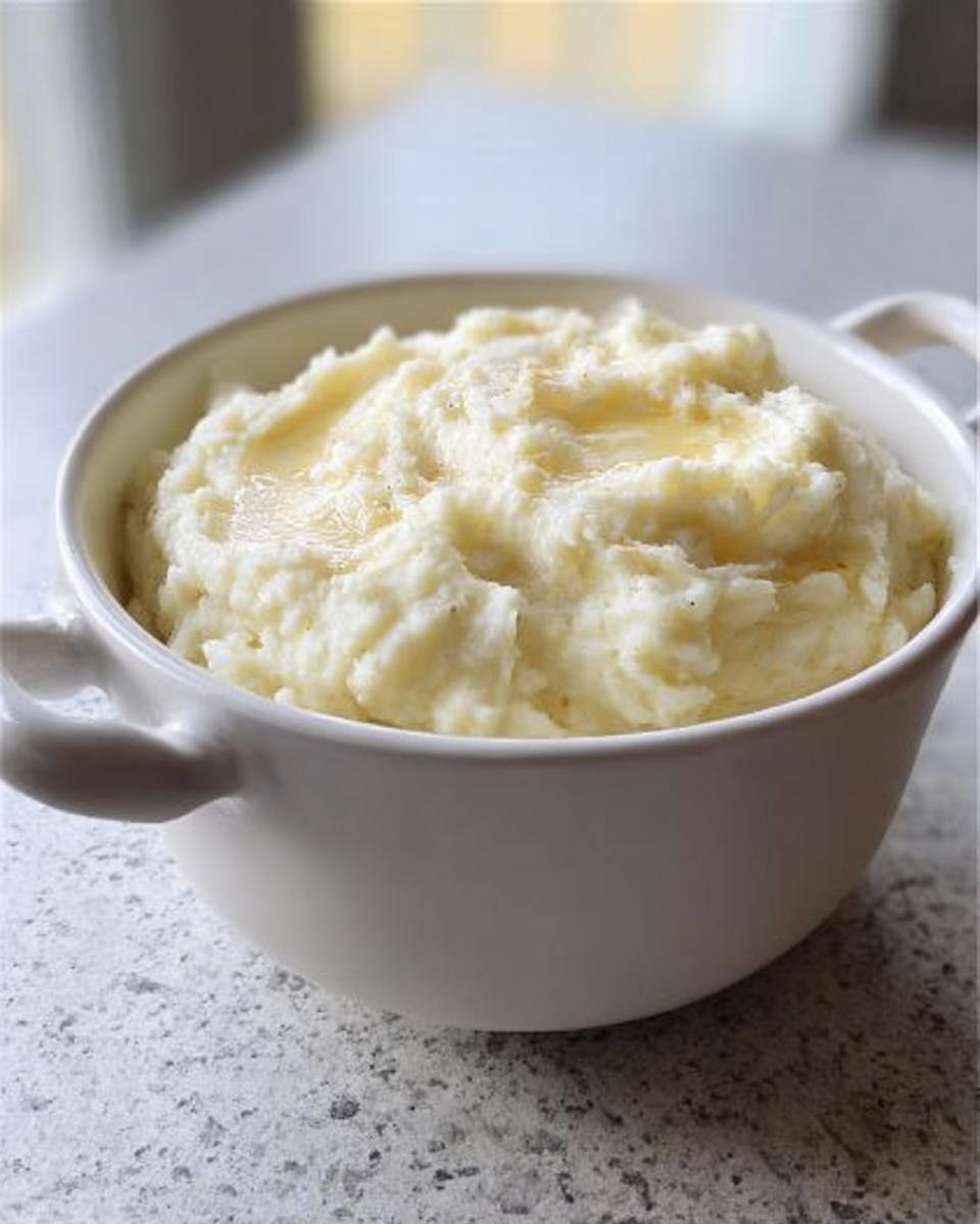 A white bowl filled with creamy mashed potatoes topped with melted butter, perfect for meal prep.