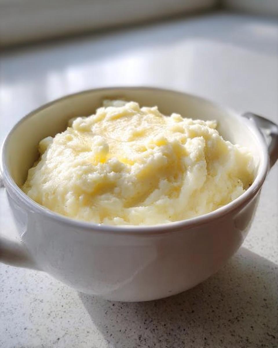 A close-up of creamy, fluffy mashed potatoes topped with melted butter in a white serving bowl.