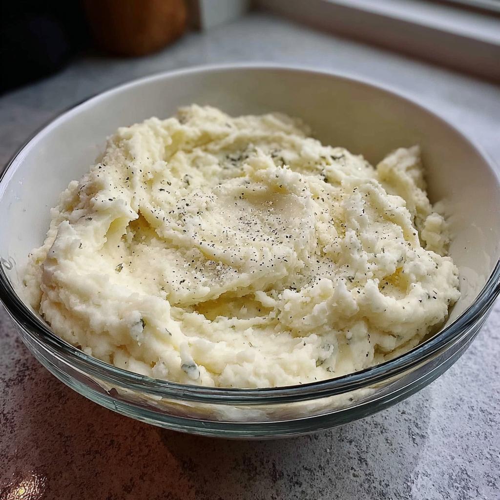 A close-up of creamy mashed potatoes recipe in a glass bowl, topped with melted butter and cracked black pepper.