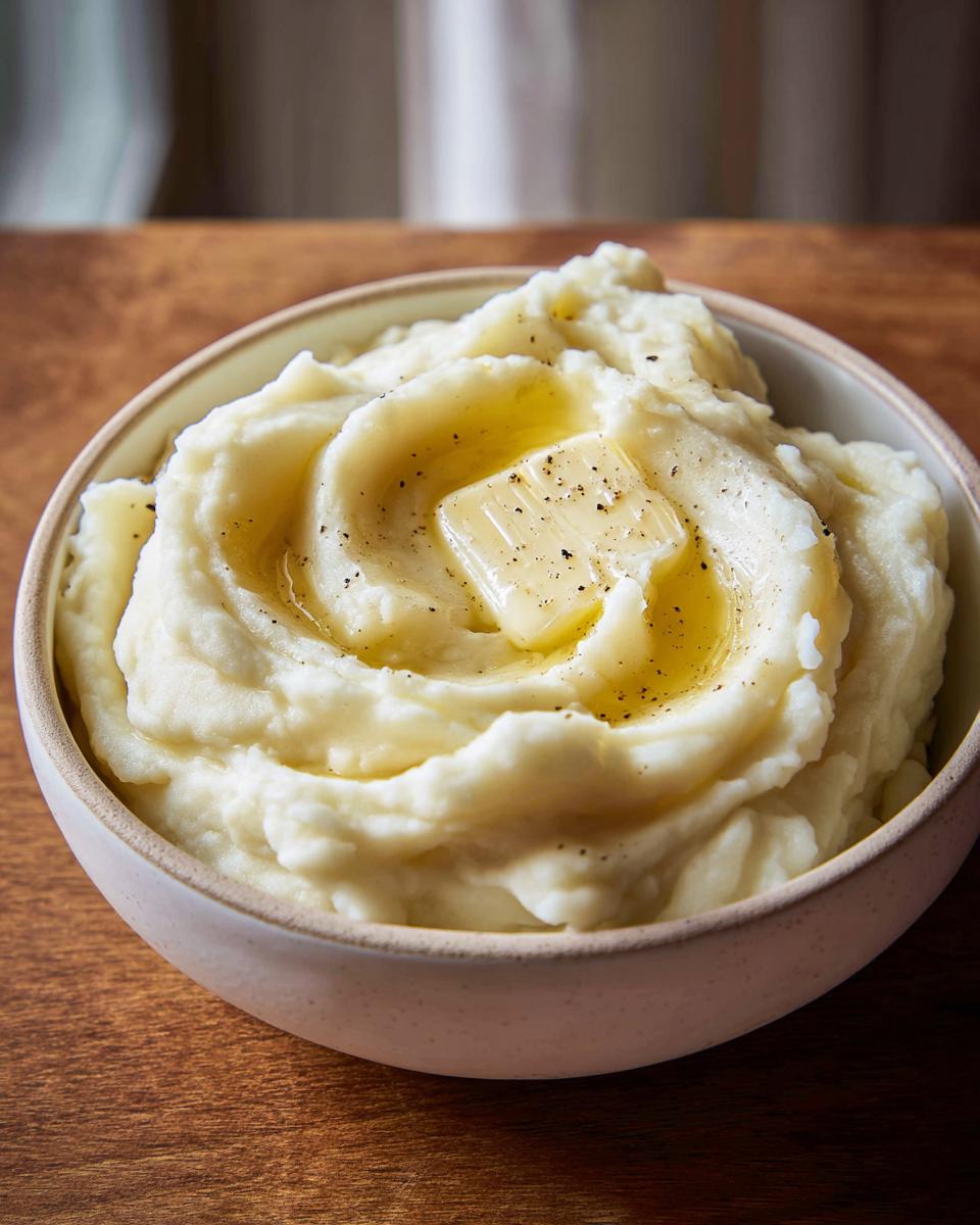 A close-up of creamy mashed potatoes recipe topped with a melting pat of butter and cracked black pepper.