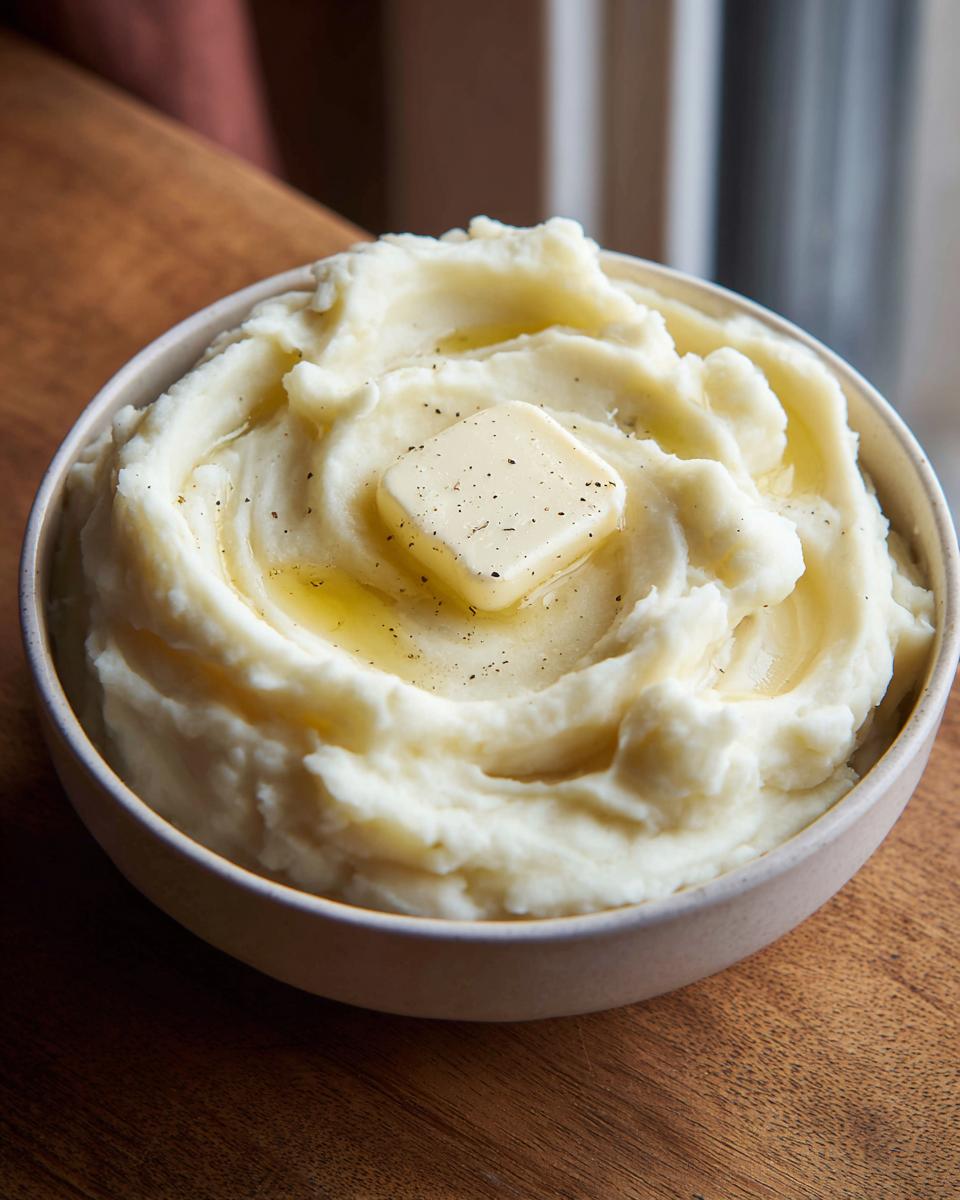 A close-up of creamy mashed potatoes recipe topped with a melting pat of butter and cracked black pepper.