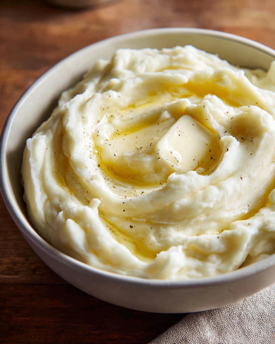 Close-up of creamy mashed potatoes recipe topped with a melting pat of butter and cracked black pepper.