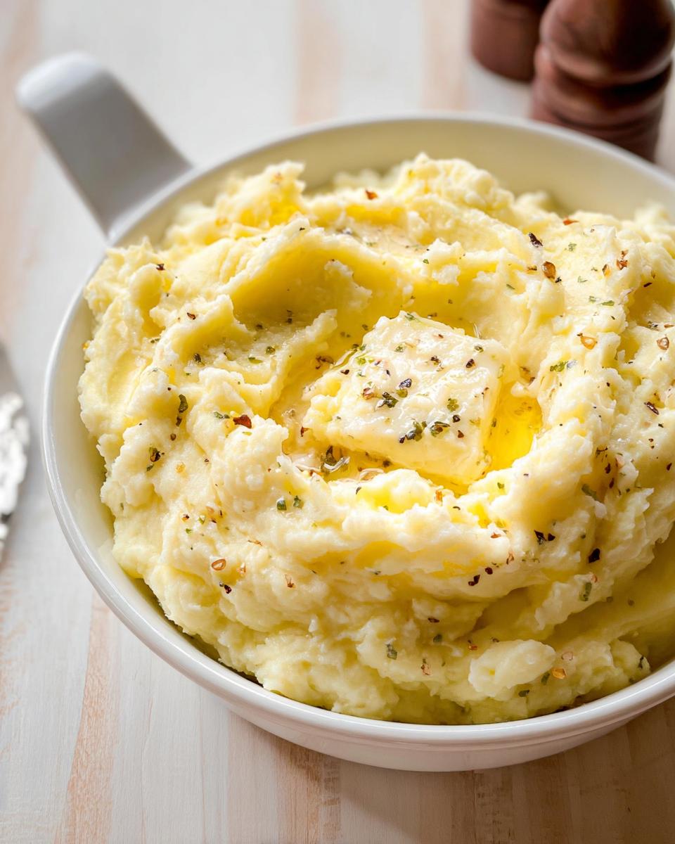 Close-up of creamy mashed potatoes recipe topped with melting butter and herbs in a white bowl.