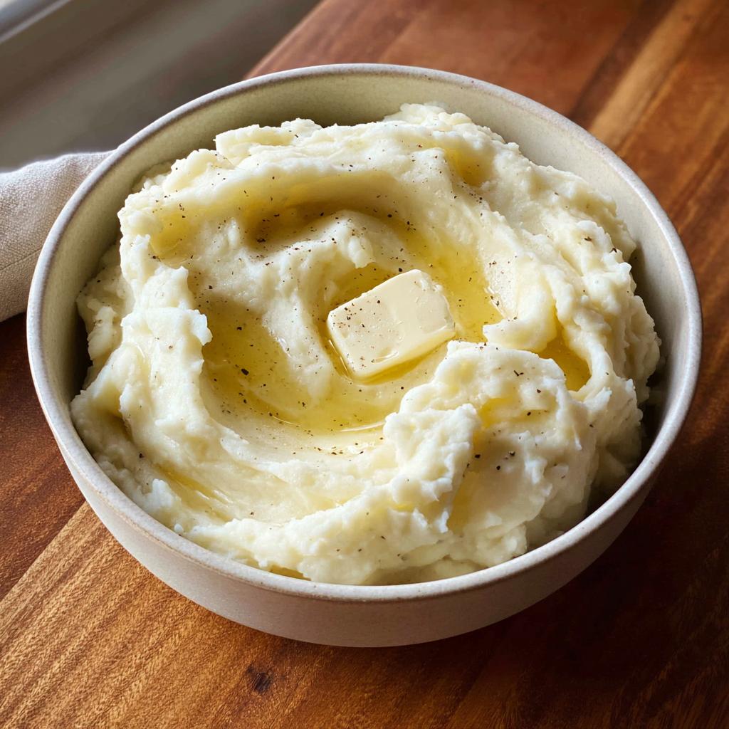 A close-up of creamy mashed potatoes recipe topped with a melting pat of butter and cracked black pepper.