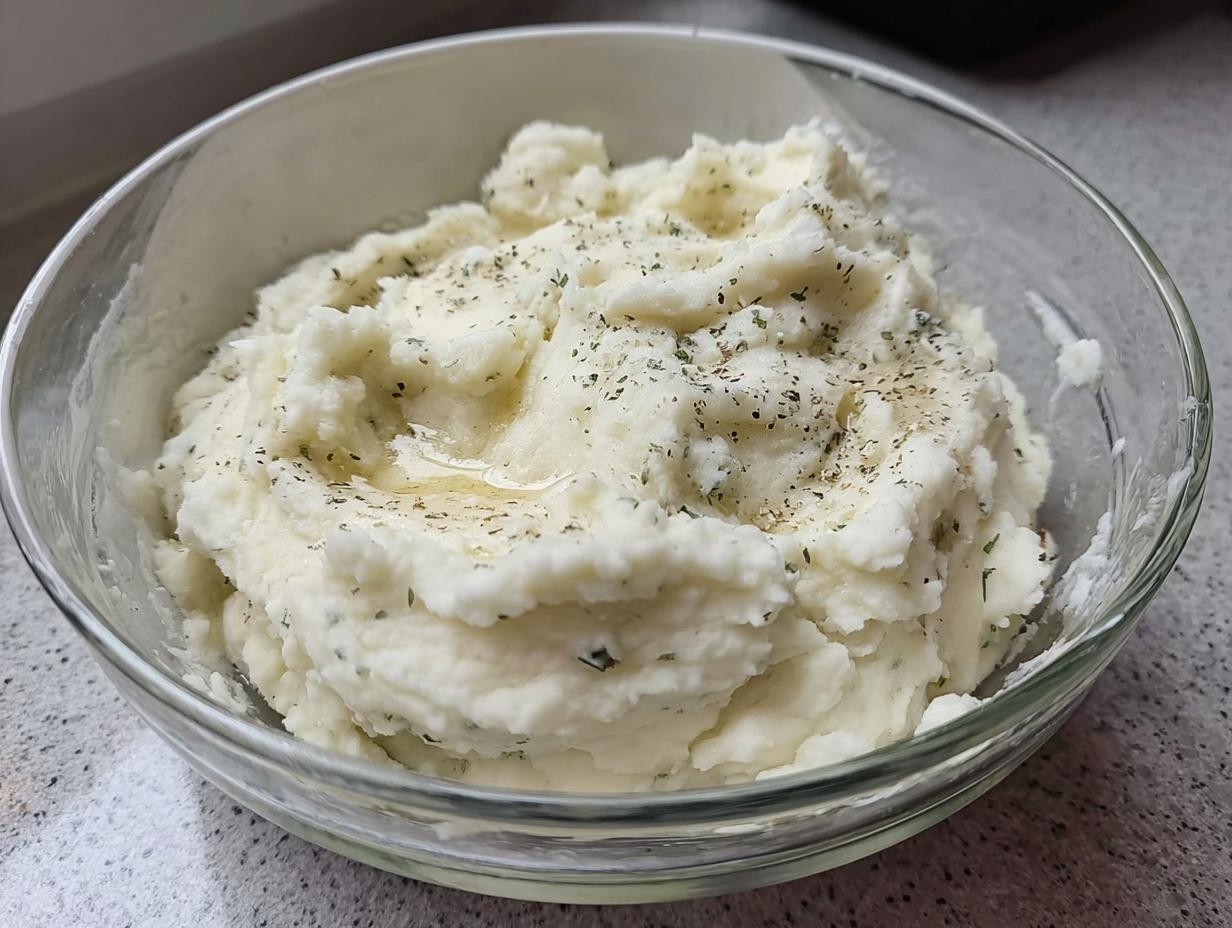 A close-up of fluffy mashed potatoes in a clear glass bowl, topped with melted butter and herbs.