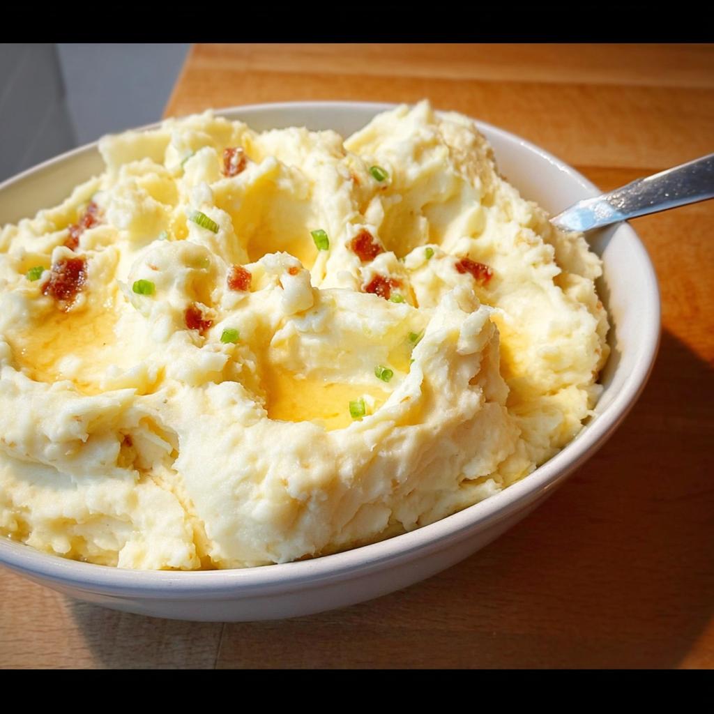 A close-up of creamy Mashed Potatoes Recipes topped with melted butter, bacon bits, and chives.