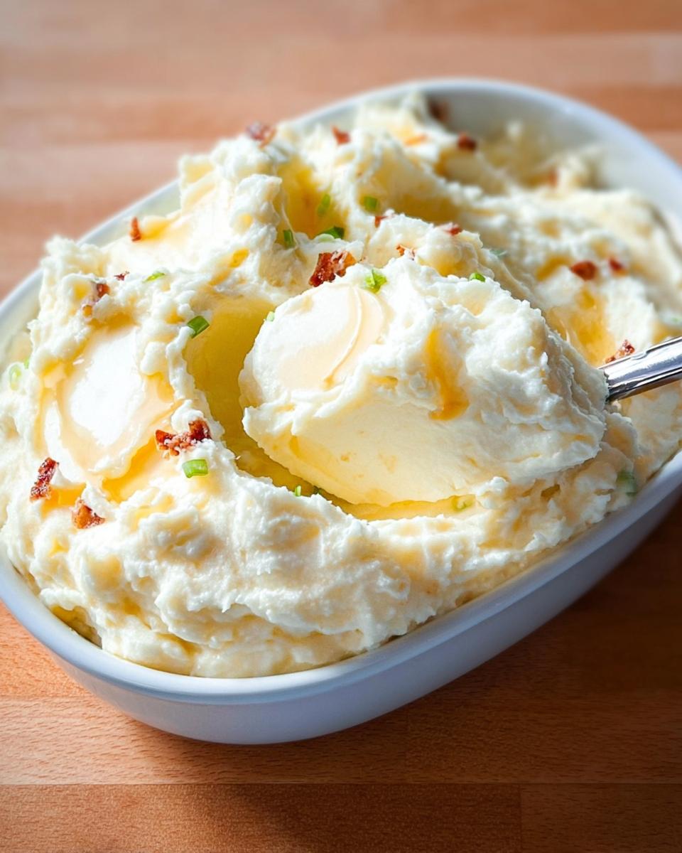 A spoonful of creamy mashed potatoes recipes topped with melting butter, bacon bits, and chives in a white serving dish.