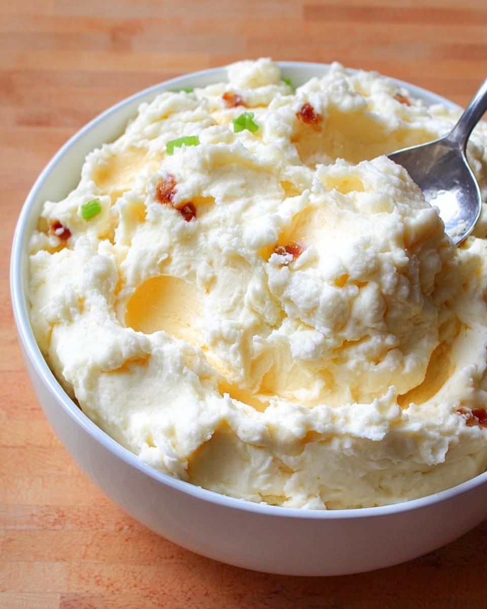 A large white bowl filled with fluffy, creamy mashed potatoes recipes, topped with bacon bits and chives.