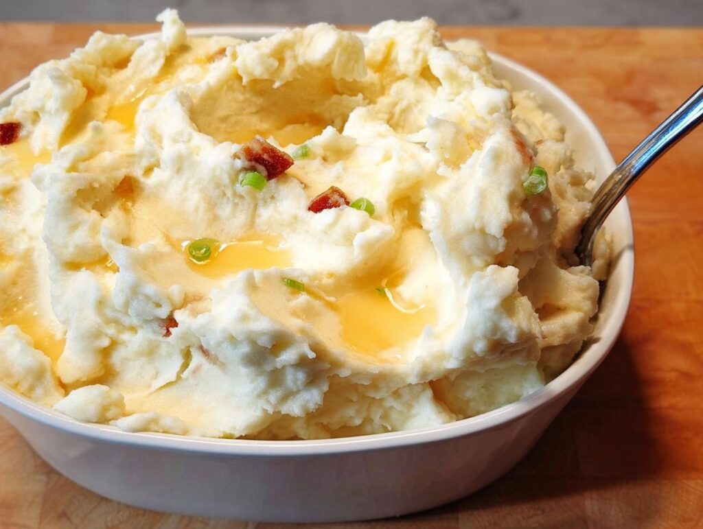 A close-up of a white bowl filled with fluffy mashed potatoes recipes, topped with melted butter and green onions.