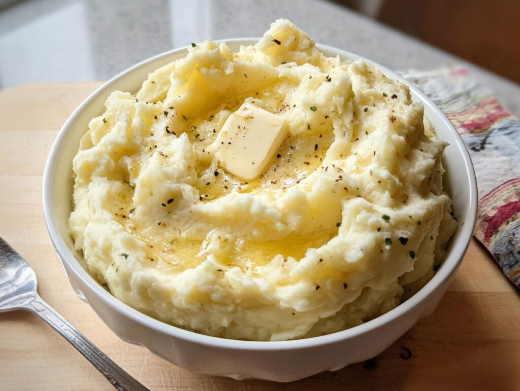 A white bowl filled with fluffy mashed potatoes recipes, topped with melting butter and cracked pepper.