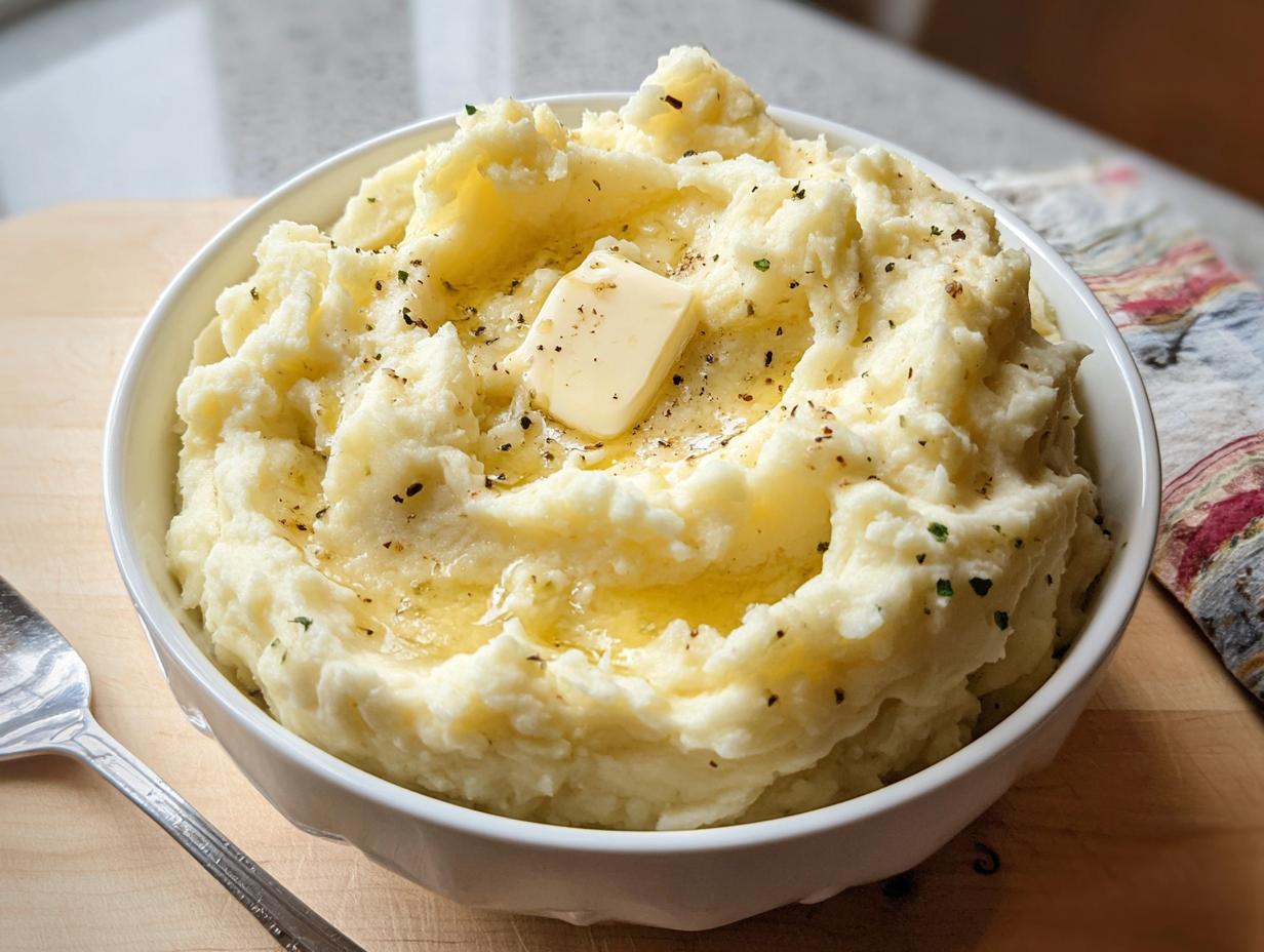 A white bowl filled with fluffy mashed potatoes recipes, topped with melting butter and cracked pepper.