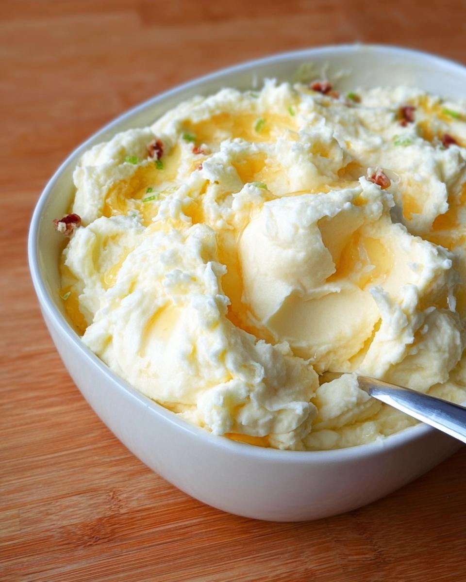 A white bowl filled with fluffy mashed potatoes recipes, drizzled with melted butter and topped with chives.