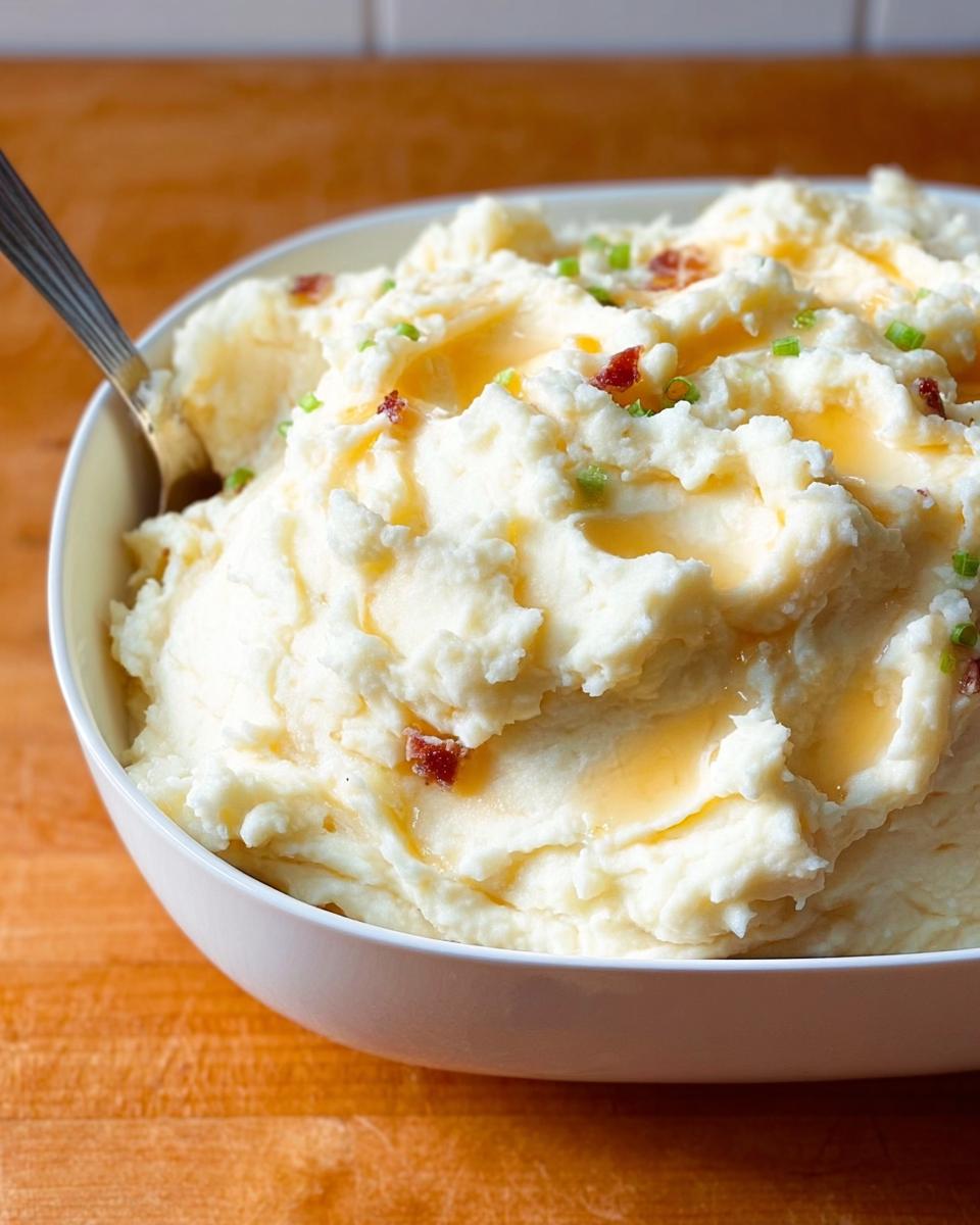 A white bowl filled with creamy mashed potatoes recipes, drizzled with melted butter and topped with bacon bits and chives.