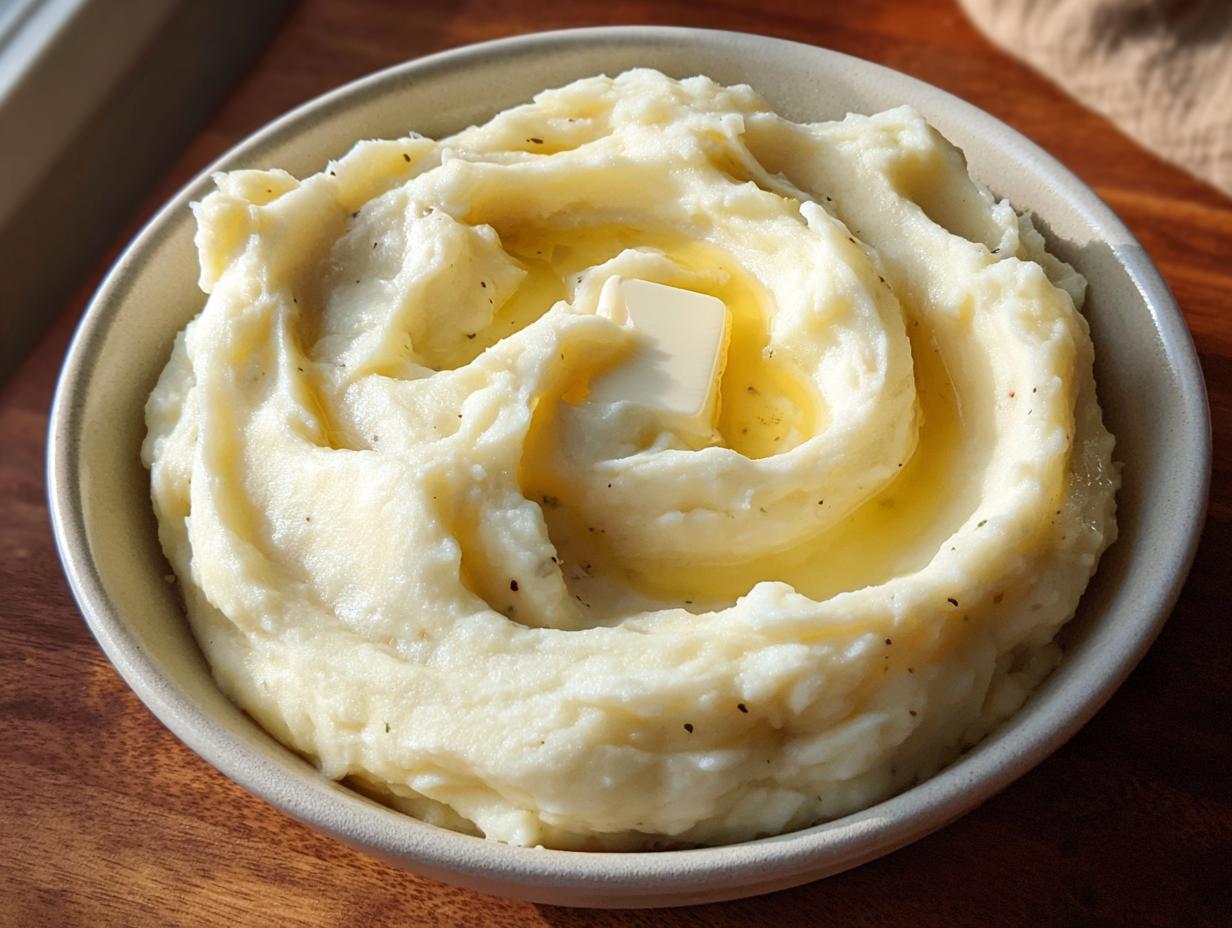 A close-up of creamy mashed potatoes recipes topped with a melting pat of butter in a light bowl.