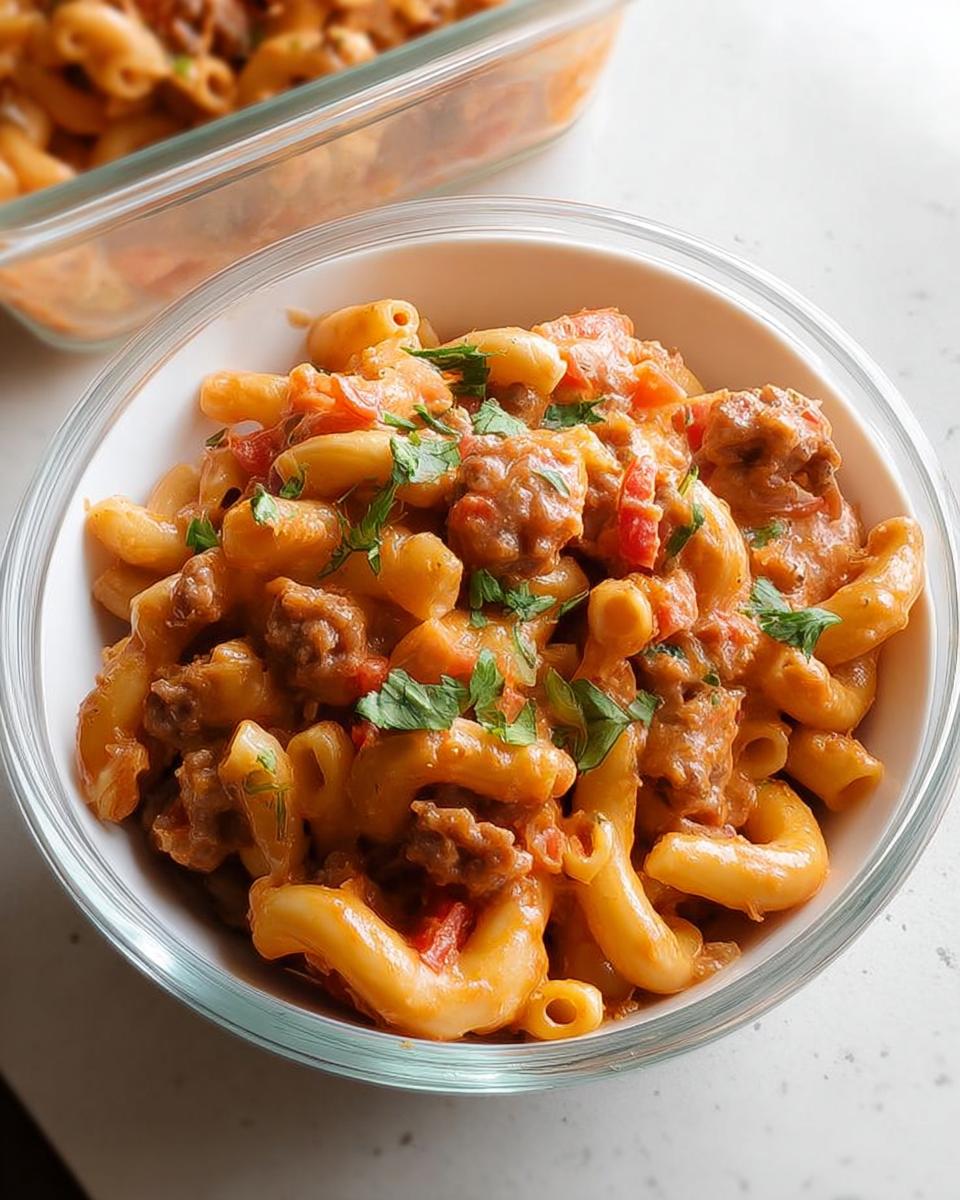 A serving of creamy macaroni with meat sauce, garnished with parsley, ready for Pasta Recipes Meal Prep That Actually Tastes Great.