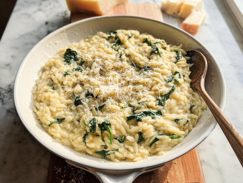 A bowl of creamy orzo pasta mixed with wilted spinach and topped with grated Parmesan cheese, a perfect veggie sides recipe.