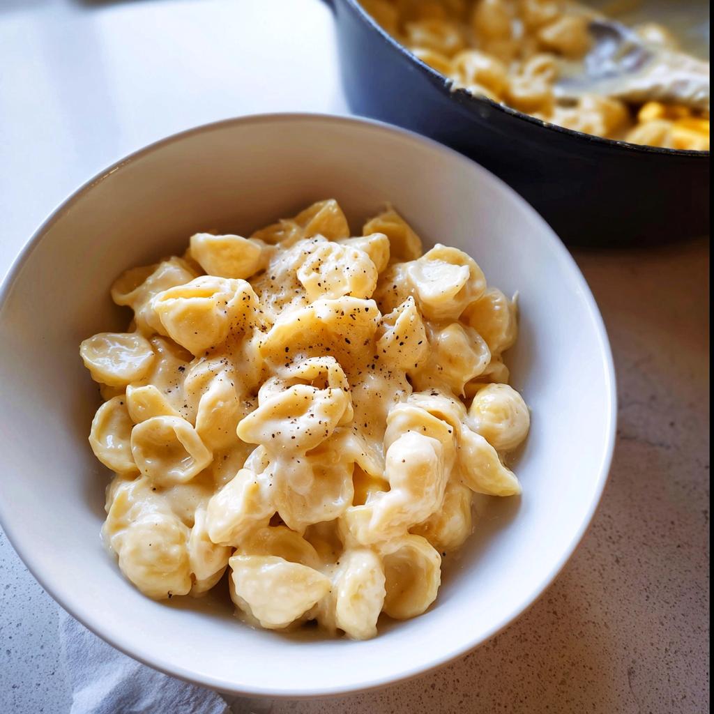 A bowl of creamy orecchiette pasta covered in cheese sauce and black pepper, a simple easy dinner recipe.